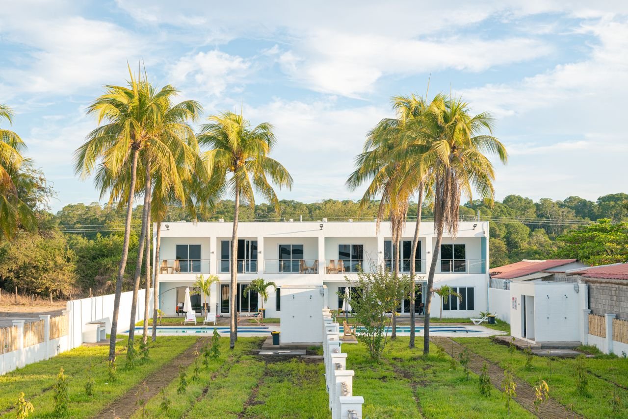 A luxurious tropical mansion surrounded by palm trees on a sunny day.